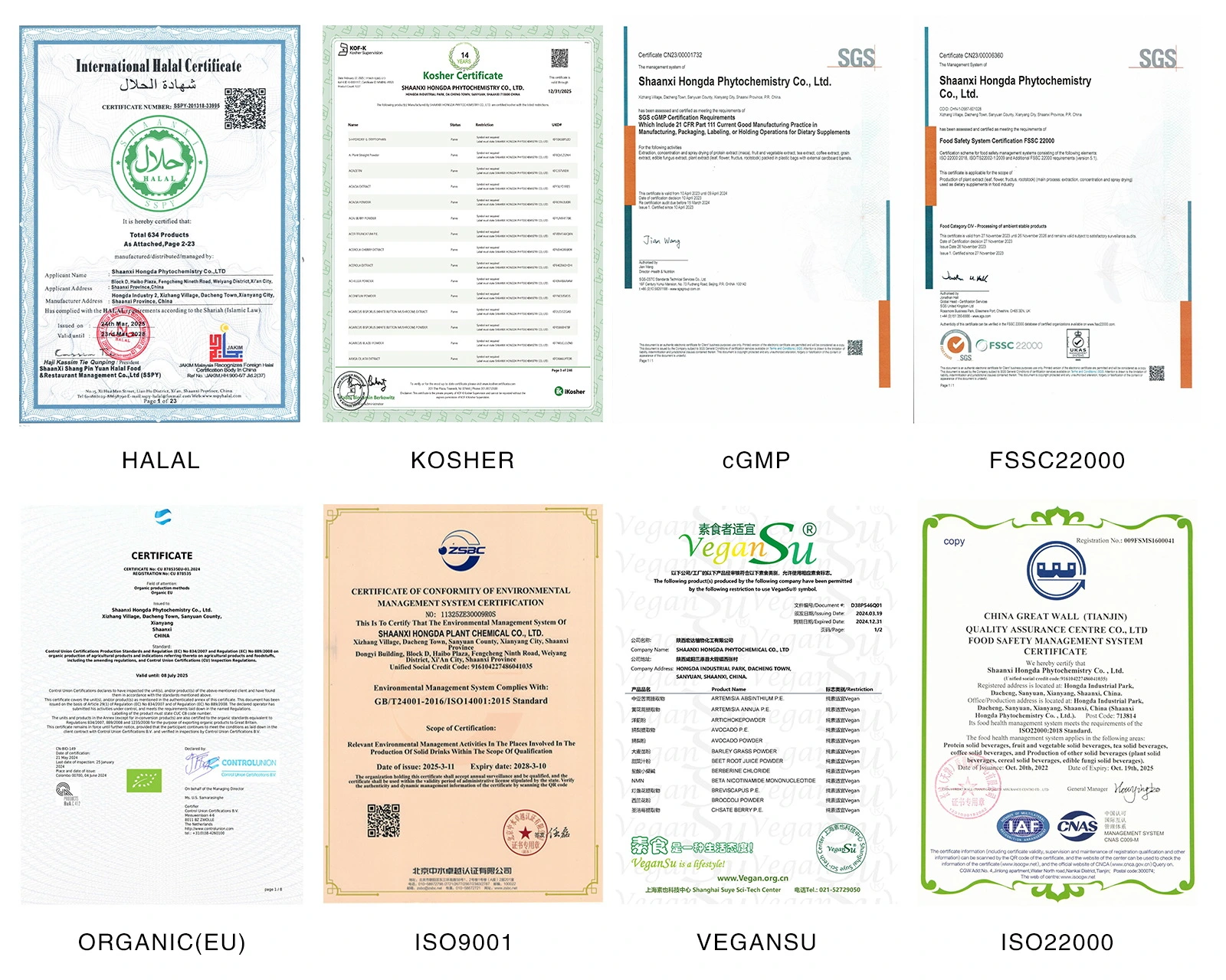 Shaanxi hongda phytochemistry's certifications